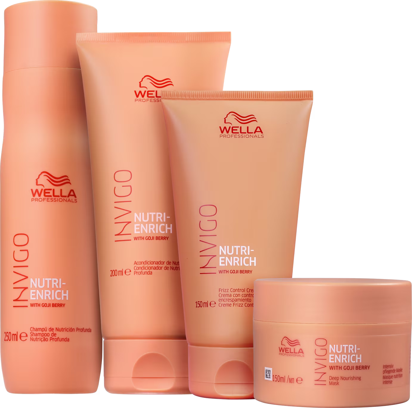 Quatro produtos da linha Invigo Nutri-Enrich de Wella Professionals. Um shampoo de 250ml, um condicionador de 200ml, um leave-in e uma máscara de 150ml cada. Todos em embalagens na cor laranja.
