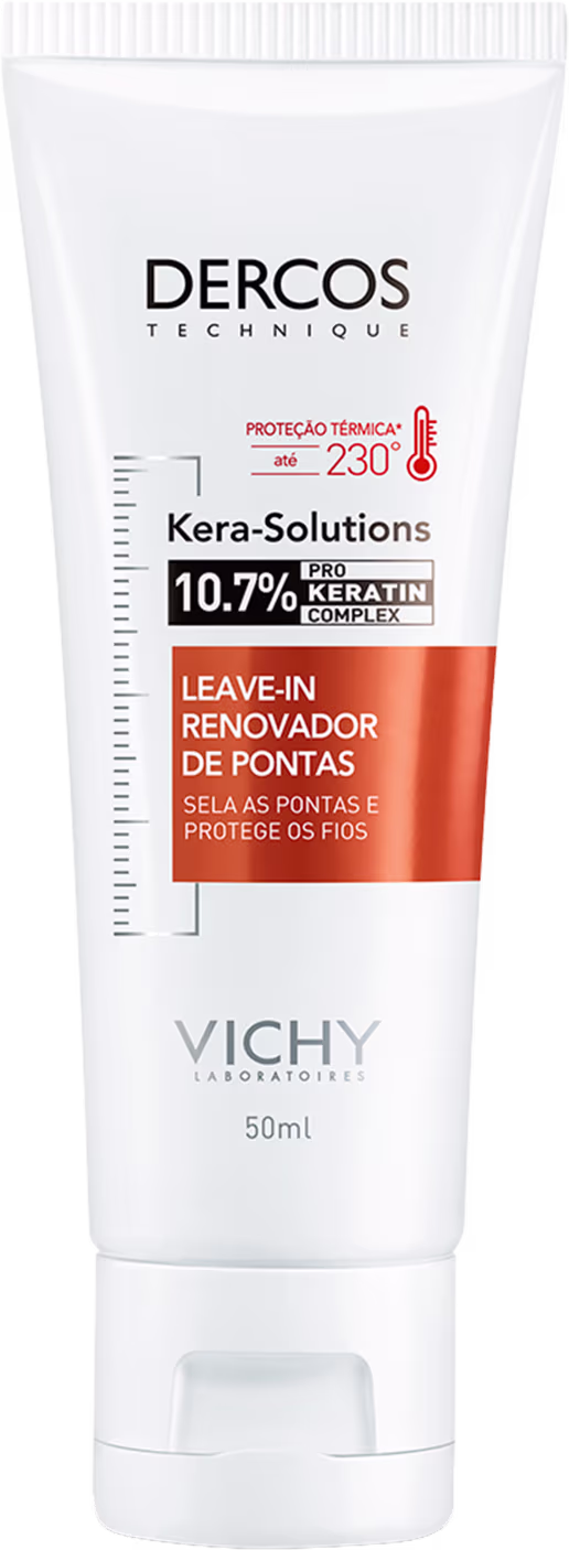 Tubo branco da linha Dercos Technique da Vichy, com rótulo laranja destacando o "Kera-Solutions" e "10.7% Pro Keratin Complex". Produto de proteção térmica até 230°C, indicado como leave-in renovador de pontas.