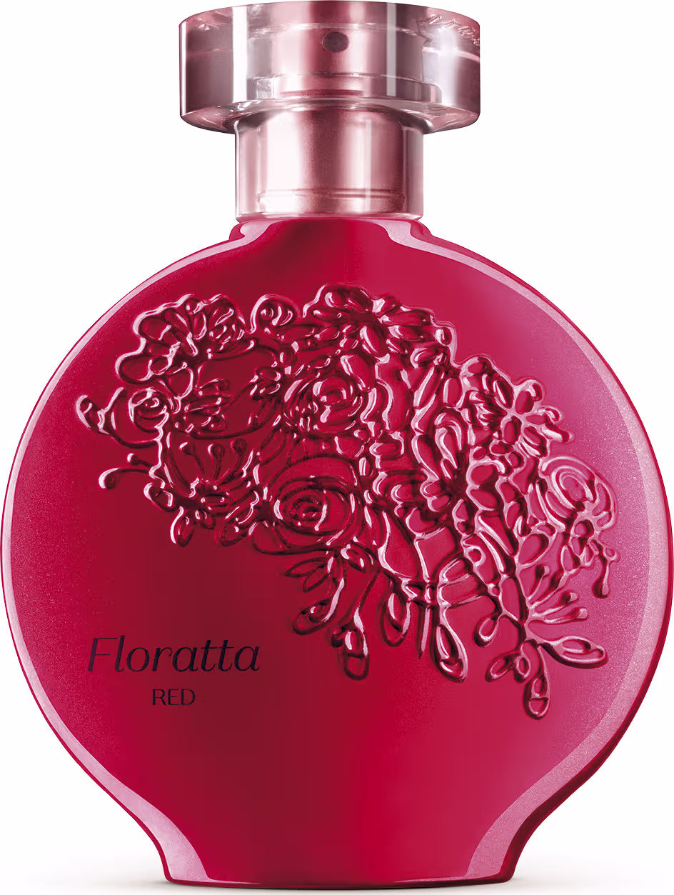 A imagem mostra um frasco de perfume da linha Floratta Red. O frasco tem um design arredondado e é feito de vidro vermelho brilhante. A parte superior é de metal rosado. O nome "Floratta Red" está inscrito em letras elegantes na parte inferior do frasco.