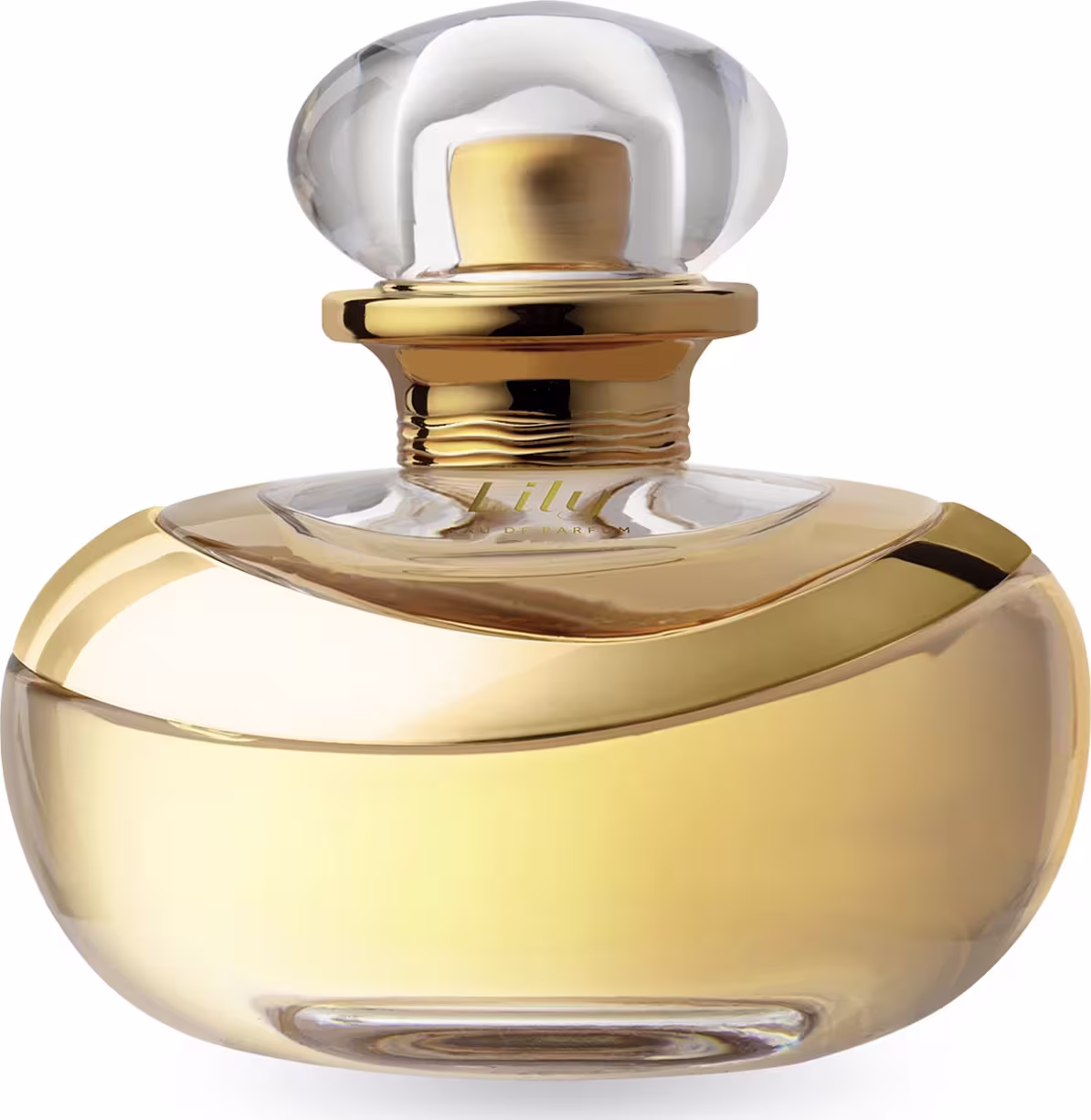 Esta imagem mostra um frasco de perfume luxuoso da marca Lily. O frasco tem um design elegante e sofisticado com cores douradas e transparentes. O frasco tem uma forma curvilínea e chamativa, característica dos produtos de alta qualidade da marca Lily.