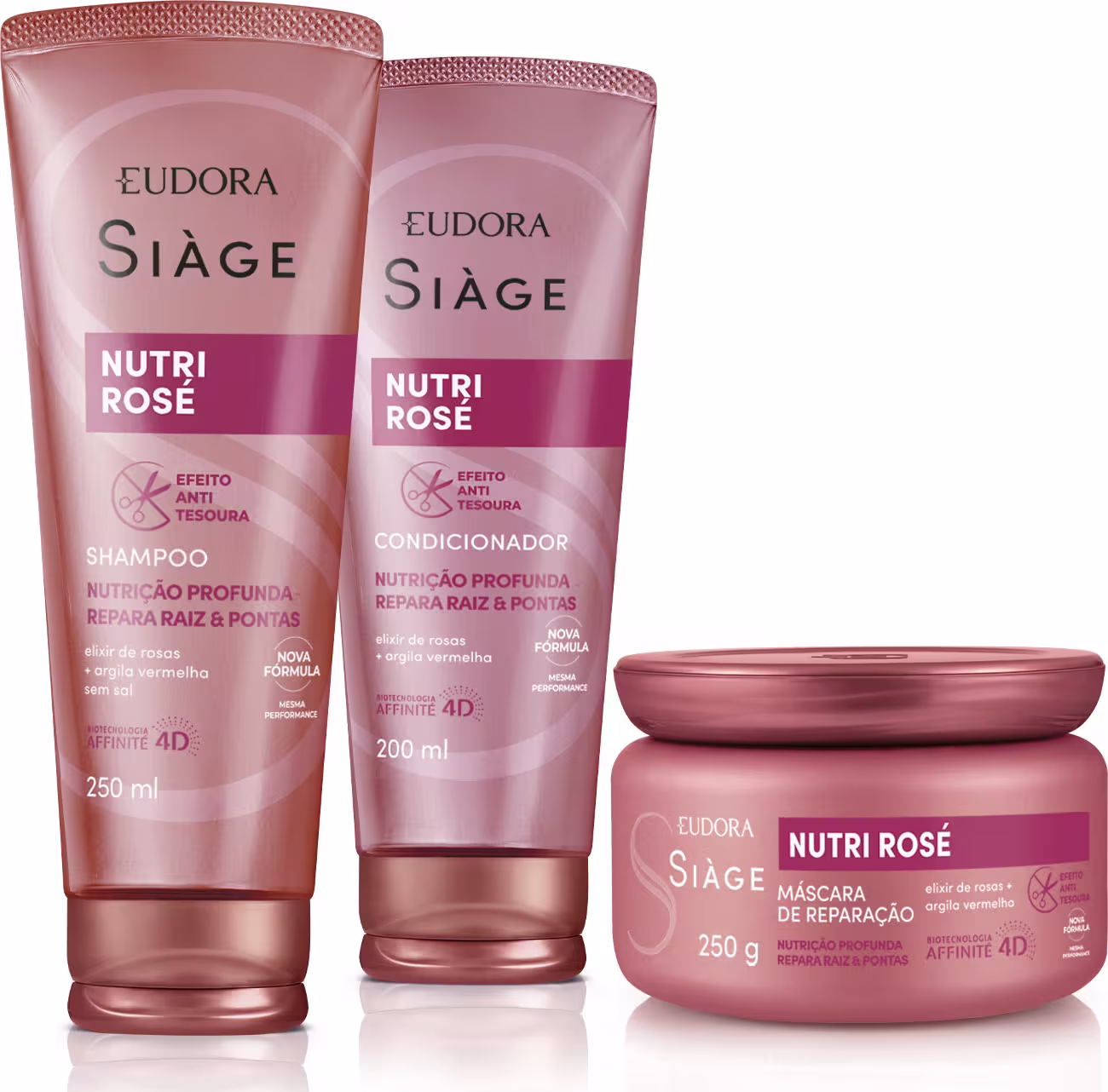 Shampoo, condicionador e máscara lado a lado, embalagens em tons de rosé.