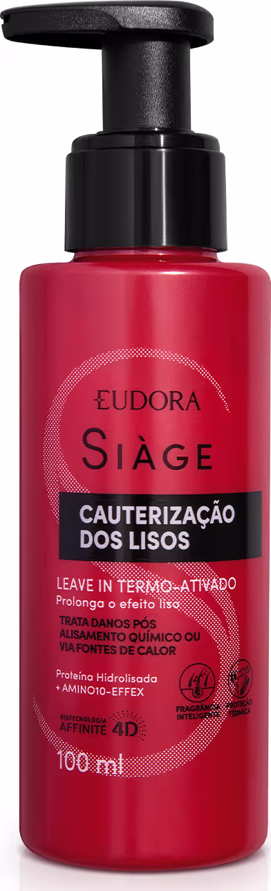 Frasco de tratamento capilar Siàge Eudora, com bomba dosadora preta, contendo 100 ml de produto de cor vermelha. O rótulo apresenta o nome "Siàge" e a descrição "Cauterização dos lisos".