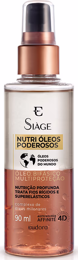 Frasco transparente com óleo alaranjado na parte inferior e transparente na parte superior. Rótulo com texto em preto e laranja. Tampa preta e detalhes em cobre.