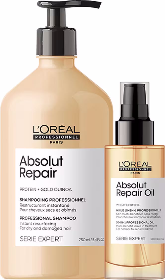 Dois produtos de cabelo da marca L'Oréal Professionnel: um frasco de shampoo Absolut Repair e um frasco de óleo Absolut Repair Oil, ambos em embalagens de plástico com cores claras e rótulos pretos.