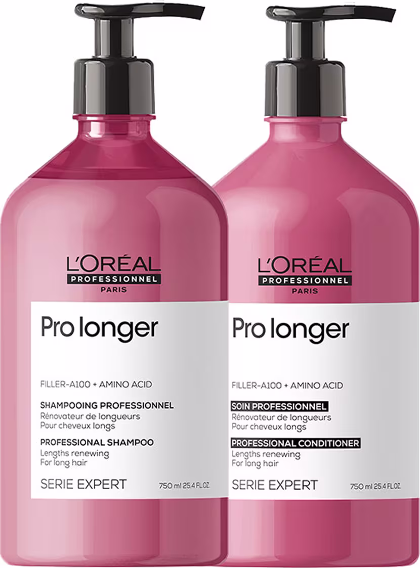 Dois frascos de shampoo e condicionador da linha Pro Longer da L'Oréal Professionnel, com embalagens em tons de rosa e preto, contendo informações sobre os produtos na frente.