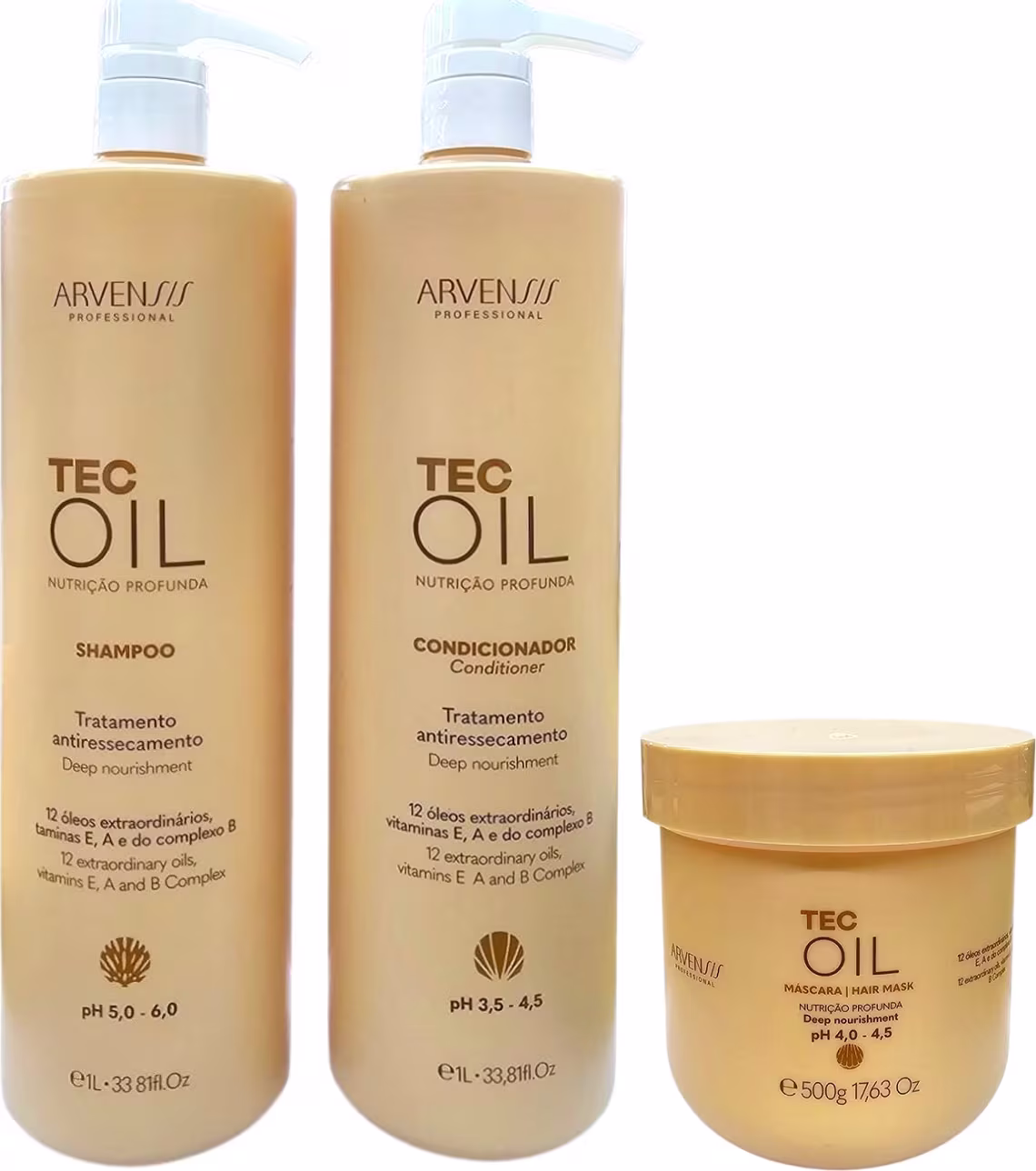 Conjunto de produtos de tratamento capilar da marca Arveniss Professional, incluindo shampoo, condicionador e máscara da linha Tec Oil