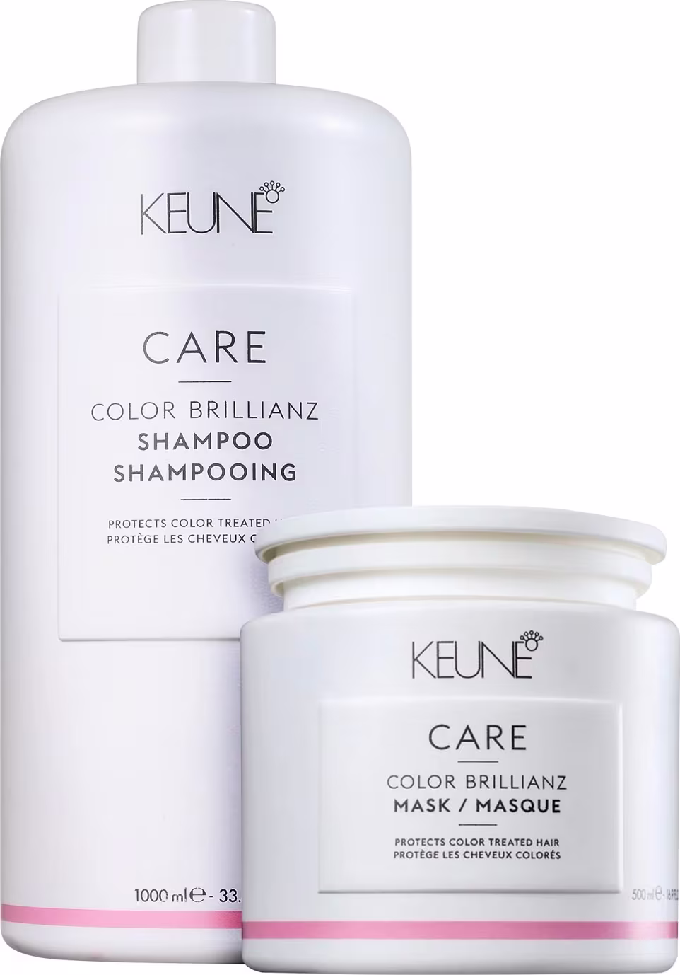 Conjunto de produtos de cuidados com os cabelos da marca Keune, incluindo um frasco de shampoo e um pote de máscara, ambos com design minimalista em tons de branco e cinza.