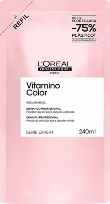 Frasco de shampoo profissional da linha Vitamino Color da L'Oréal Professionnel, com embalagem rosa e informações sobre a fórmula e volume de 240ml.