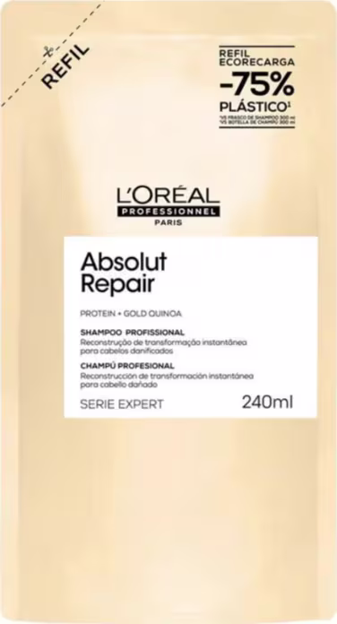 Embalagem de shampoo profissional L'Oréal Absolut Repair, com 240ml, em tom amarelado, com rótulo destacando os ingredientes e a série Expert.