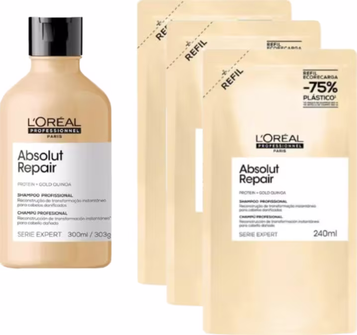 Produto de tratamento capilar da linha Absolut Repair da L'Oréal Professionnel, composto por um frasco de 300ml e três refis de 240ml, com embalagem em tons de bege e branco.