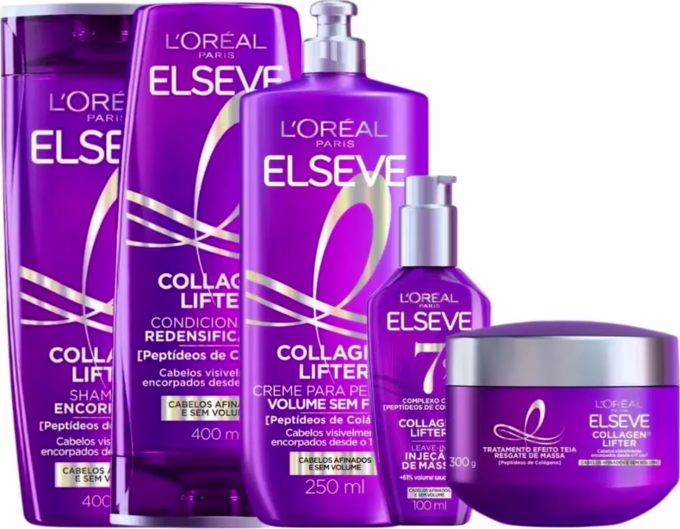 Produtos da linha Elseve da L'Oreal Paris, incluindo shampoo, condicionador, creme para pentear e tratamento de cabelo da linha Collagen® Lifter