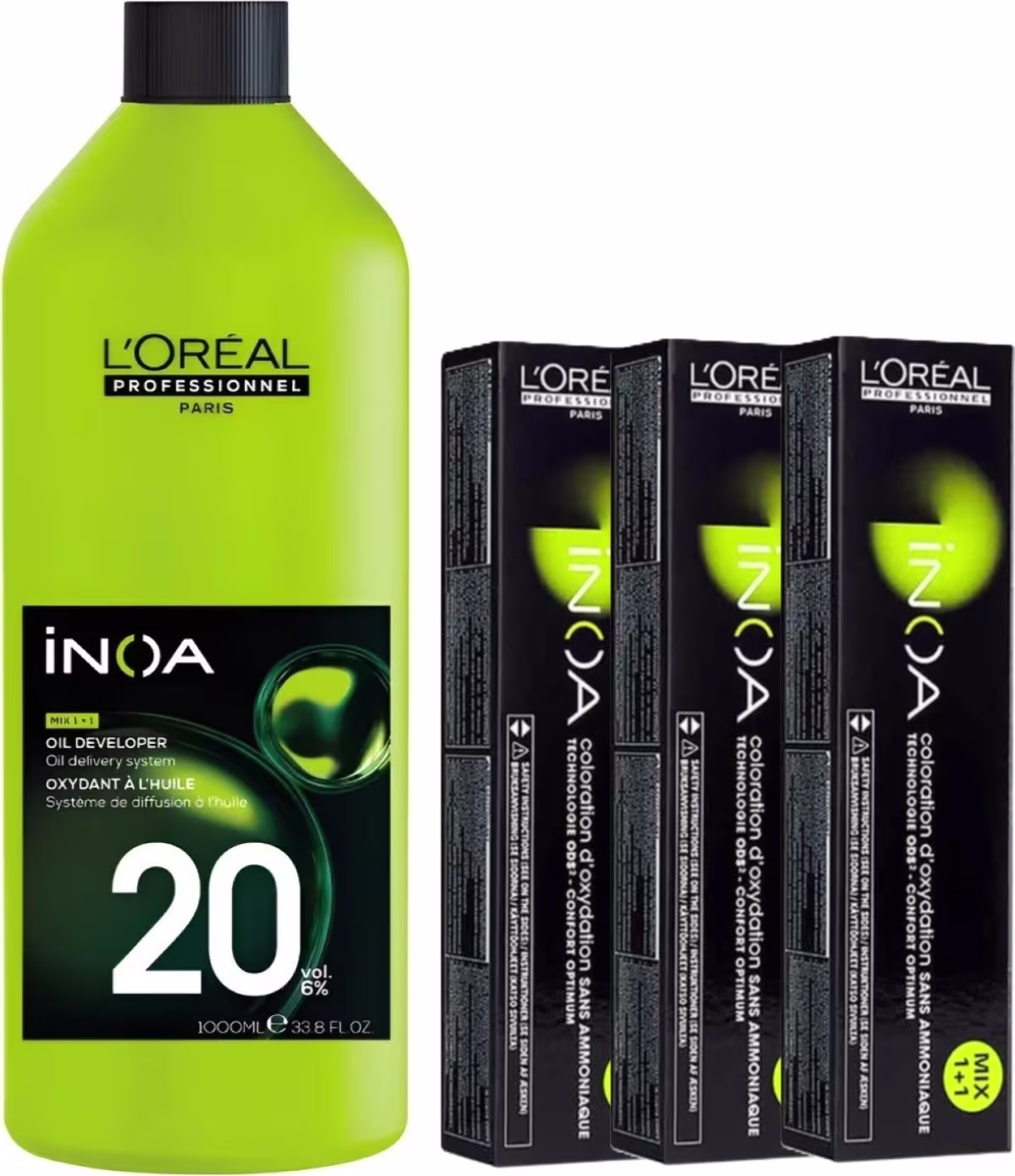 O produto de beleza apresentado é uma linha de produtos da L'Oréal Professionnel, incluindo um frasco de 1 litro de Oxidante Inoa 20 vol. e três caixas de coloração Inoa.