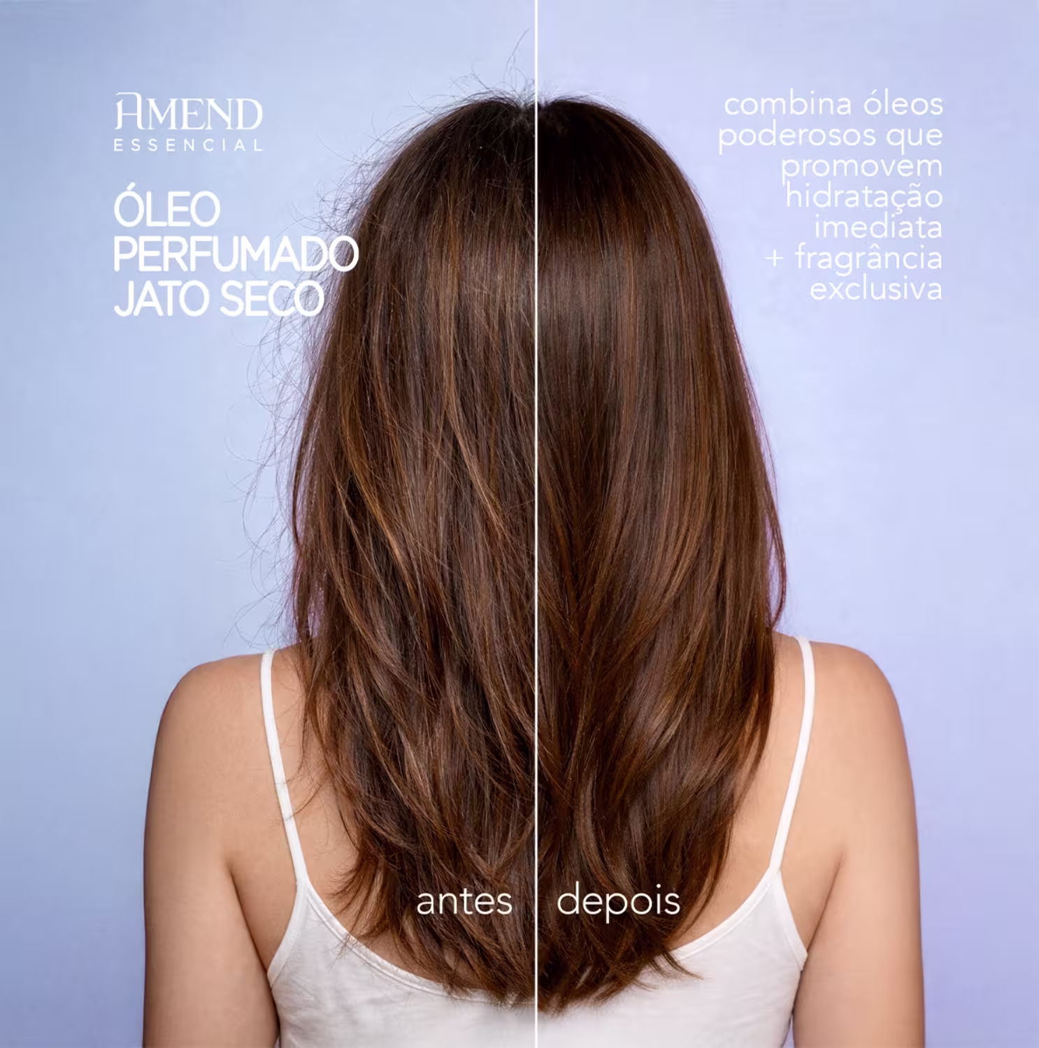 Óleo perfumado para cabelos secos da marca Amend Essencial, em embalagem com informações sobre os benefícios do produto, como hidratação imediata e fragrância exclusiva.