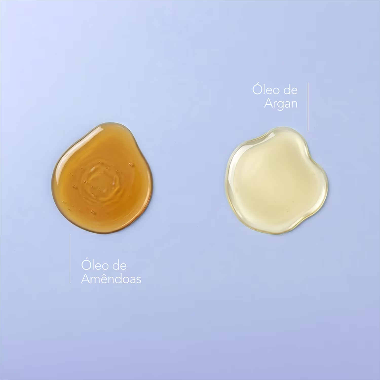 A textura do óleo de amêndoas apresenta-se fluida e translúcida, com uma coloração amarelo-dourada, enquanto o óleo de argan exibe uma aparência mais cremosa e opaca, com tonalidade amarelada.