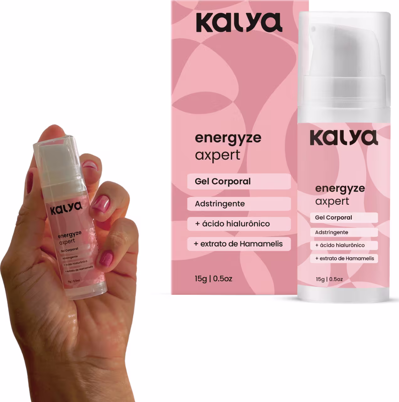 O produto Kalya Energyze Expert é um gel corporal adstringente com ácido hialurônico e extrato de hamamelis, apresentado em um frasco branco com rótulo rosa.