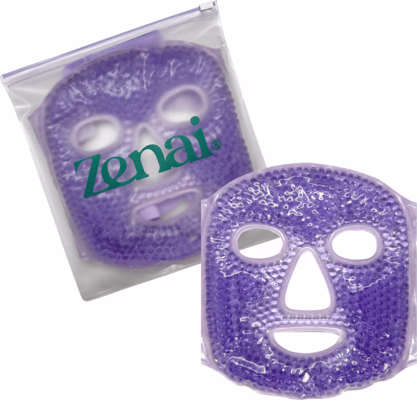 Máscara facial de gel de cristal de cor roxa da marca Zenai, embalada em saco plástico transparente com logotipo da marca.