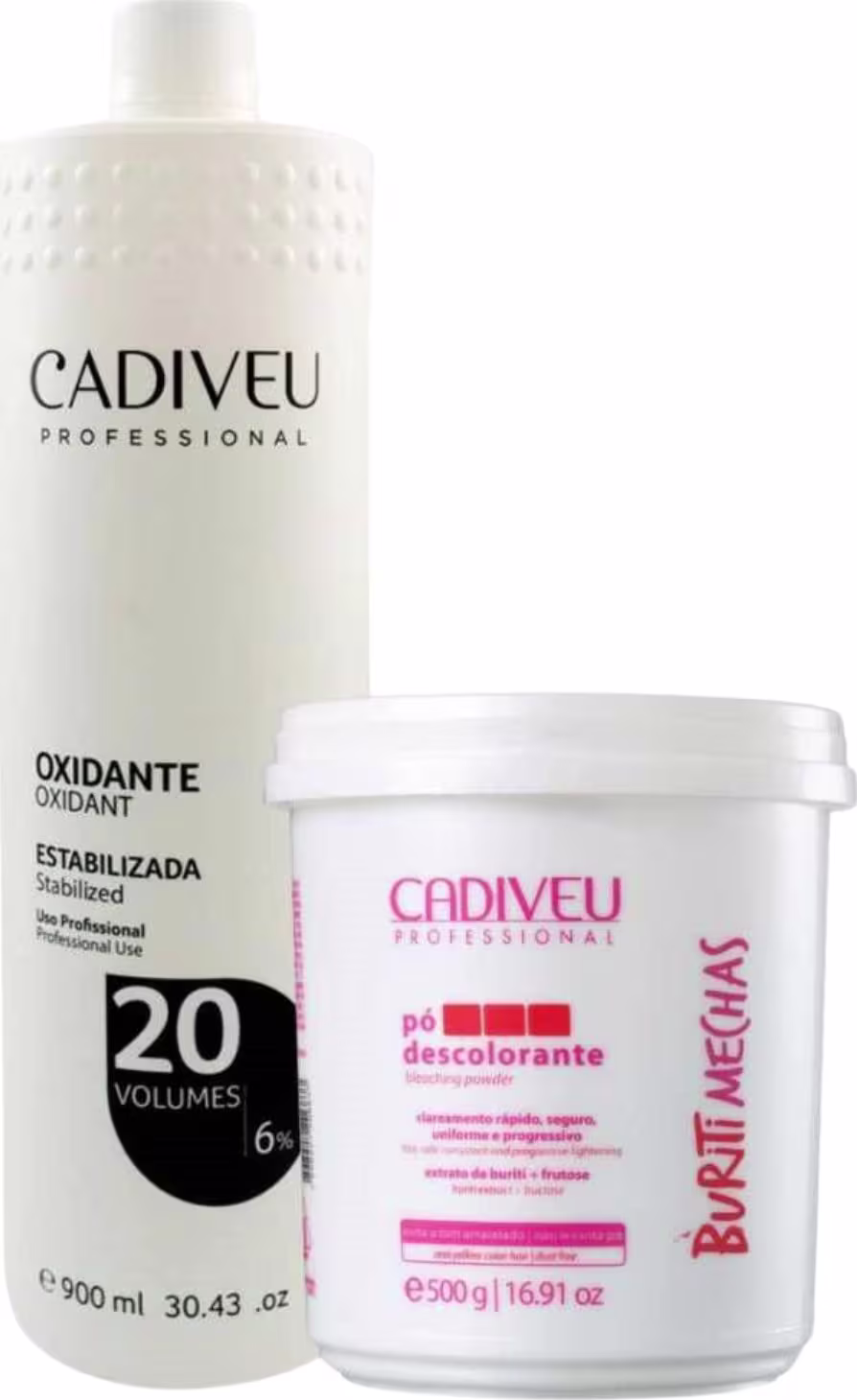 O produto é um kit para descoloração de cabelos da marca Cadiveu Professional. Inclui um frasco plástico branco de 900ml contendo oxidante estabilizada com 20 volumes (6%), e um pote plástico branco de 500g com pó descolorante.