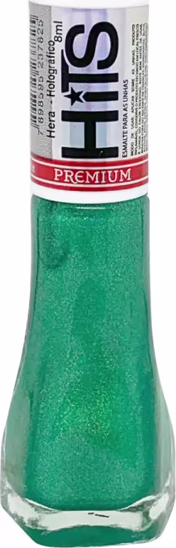 Esmalte premium de unha em frasco transparente com tampa branca. O esmalte tem uma cor verde brilhante com partículas cintilantes. O rótulo na embalagem exibe o nome da marca "Hits" em letras pretas e brancas, além da palavra "Premium" em vermelho.