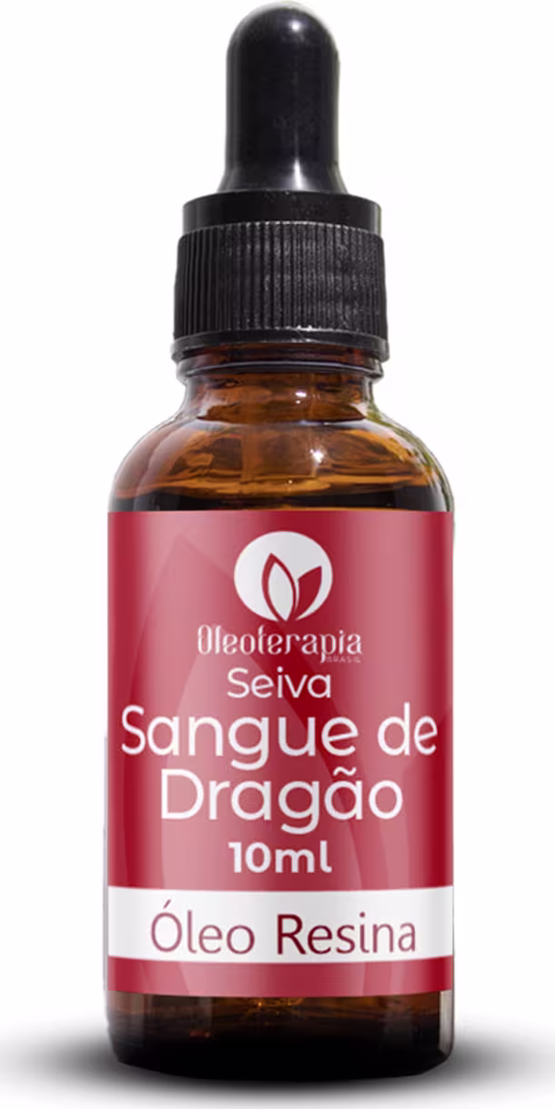 A imagem mostra um frasco de óleo Seiva Sangue de Dragão da marca Oleoterapia Brasil. O frasco tem 10ml de capacidade e possui uma tampa conta-gotas preta. O rótulo é vermelho com o nome do produto e da marca em letras brancas.