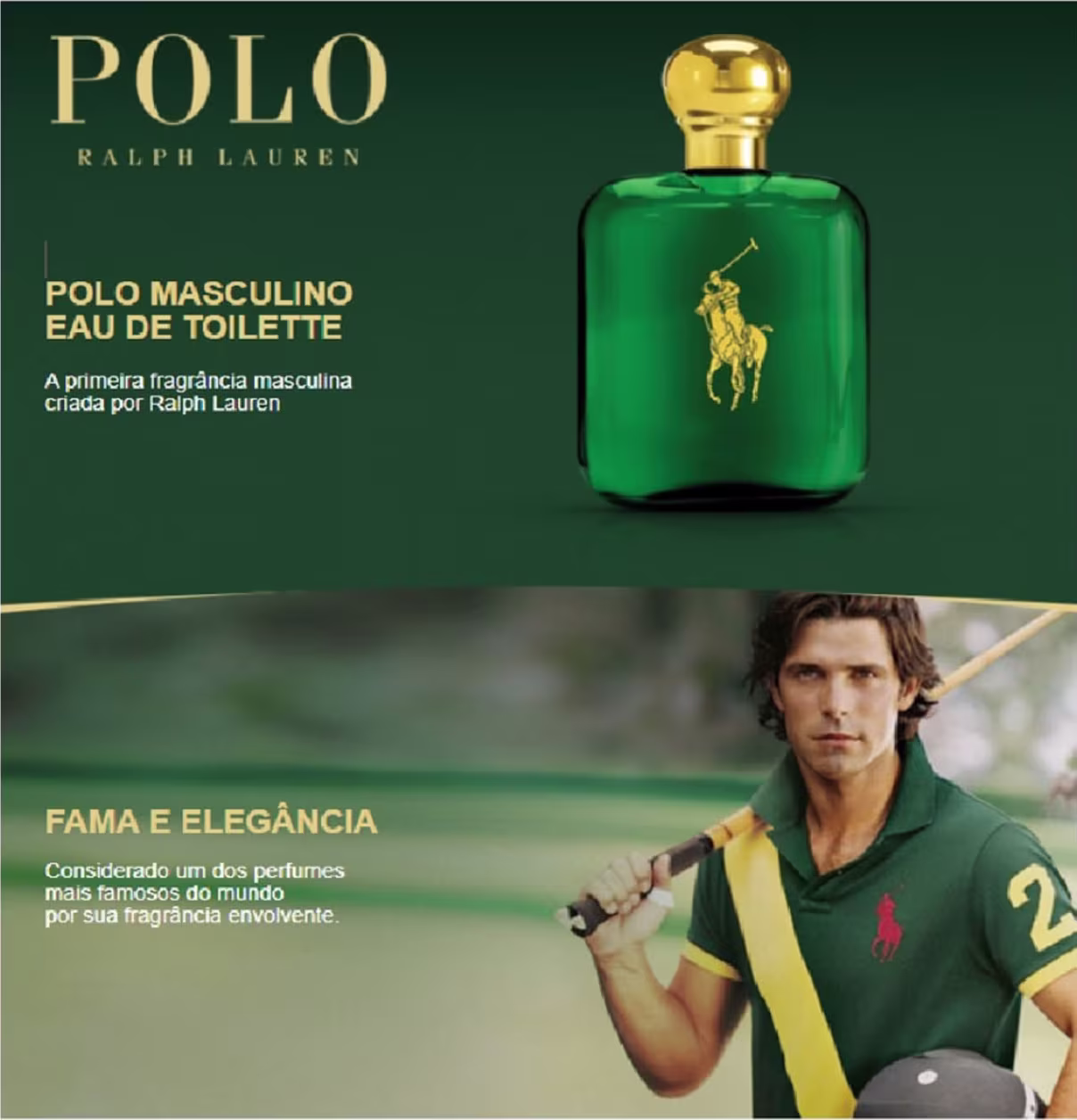 Perfume em frasco de vidro verde com o logotipo do cavalo empinado dourado da Ralph Lauren. O frasco tem formato retangular com cantos arredondados e tampa dourada arredondada.