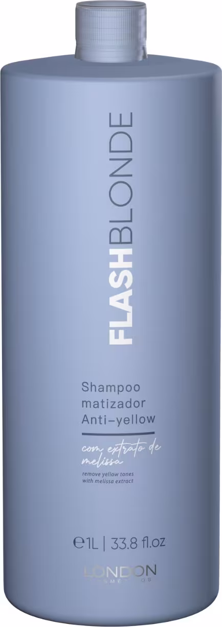 Shampoo matizador anti-amarelado London Cosméticos, com o nome "Flash Blonde" impresso no frasco. O frasco é de cor cinza-azulada, com um design cilíndrico e uma tampa na parte superior.