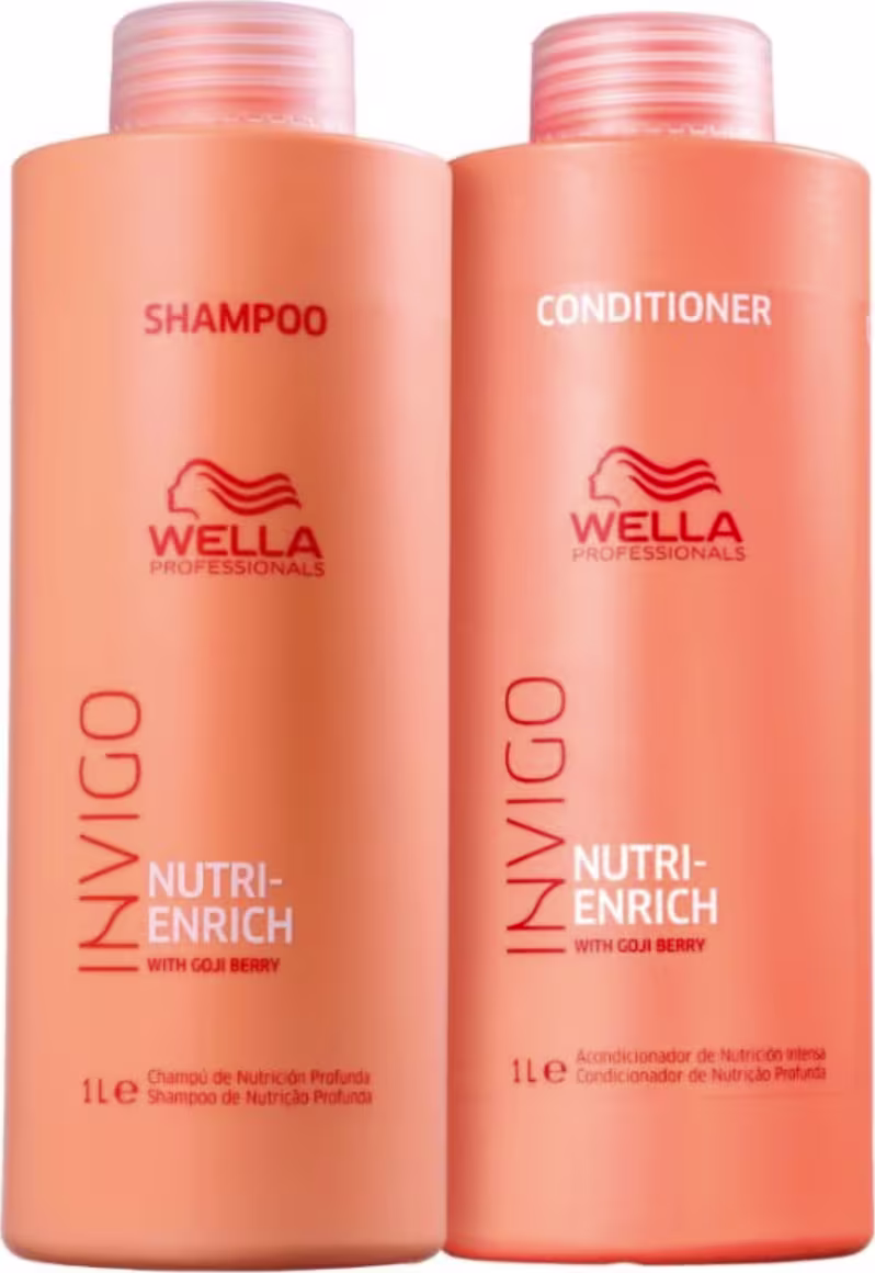A imagem mostra duas embalagens plásticas grandes, de 1 litro cada, na cor laranja.
À esquerda está um shampoo de nutrição profunda, e à direita está um concidicionador, ambos chamados chamado "Nutri-Enrich"