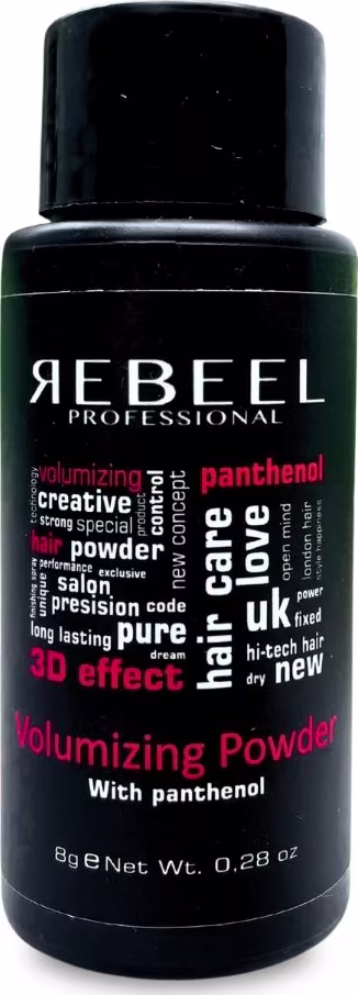 A imagem mostra um produto da marca Rebel Professional. É um frasco preto de plástico contendo um pó volumizador para cabelos, com pantenol. O rótulo indica que esse produto confere efeito criativo, volume e tem uma nova fórmula.