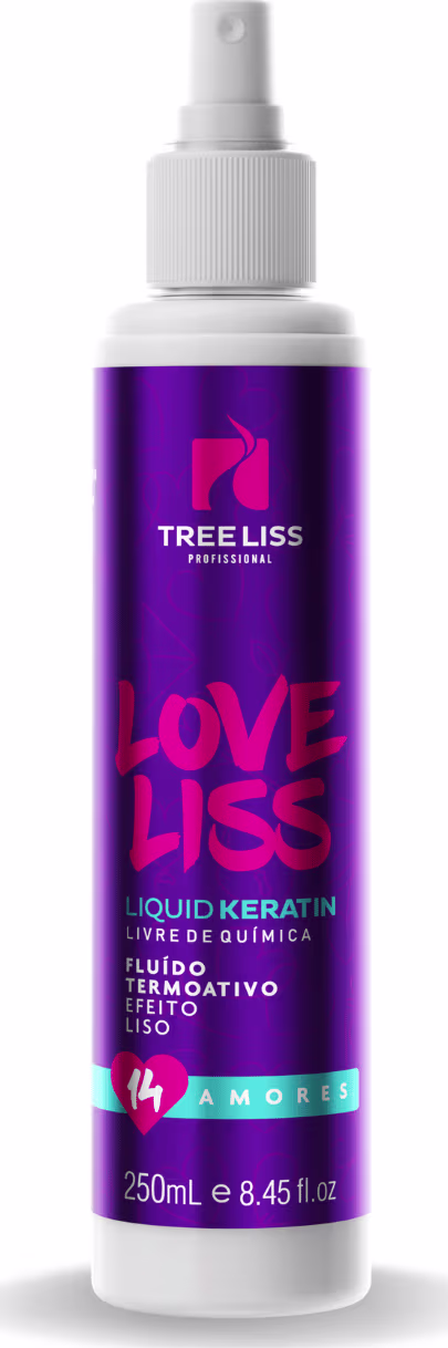 Leave-in da marca TreeLiss Profissional. Frasco contendo 250ml. Rótulo roxo com o nome do produto "Love Liss" em letras vermelhas, descrito como "Liquid Keratin" (Queratina Líquida) e "Fluido Termoativo Liso" (Fluido Termoativo Liso).