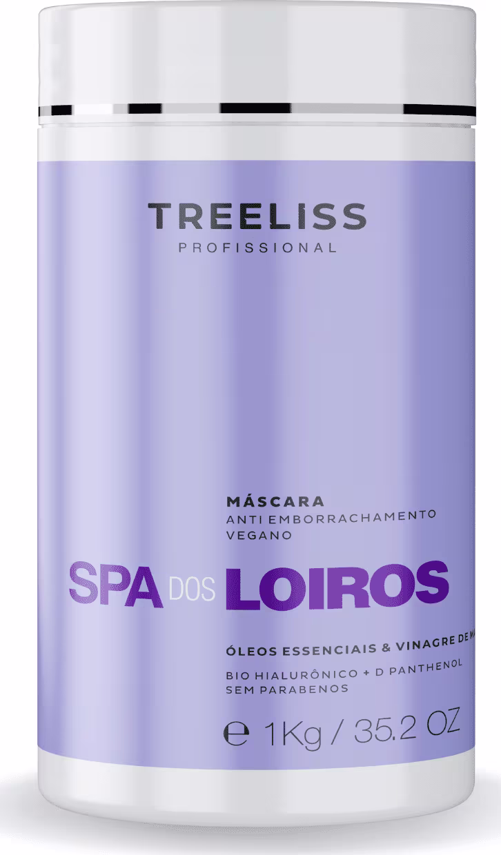 Máscara anti-emborrachamento vegana Spa dos Loiros da TreeLiss Profissional. Rótulo com o nome em letras grandes, descrição "Máscara Anti Emborrachamento Vegano" e informações como ingredientes "Óleos Essenciais & Vinagre", peso 1kg/35,2oz.