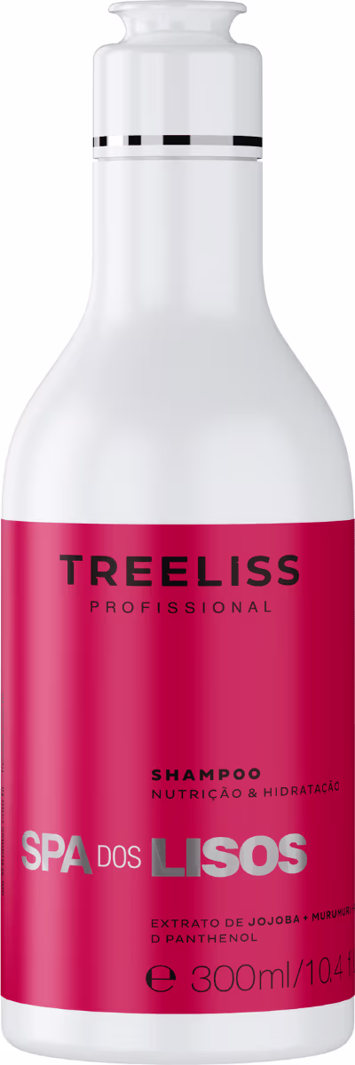 Shampoo Treliss Profissional em frasco plástico transparente de 300ml. Embalagem cilíndrica com tampa branca. Rótulo vermelho com o nome da marca "Treliss Profissional" e a linha "Spa dos Lisos" em letras brancas.