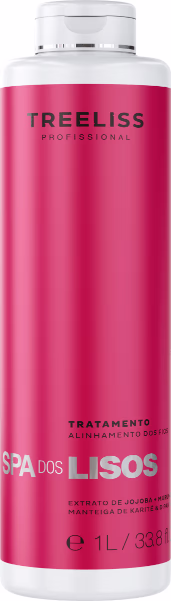 Produto de tratamento capilar da marca TreeLiss Profissional. Embalagem plástica cilíndrica de 1 litro, com tampa branca. Cor predominante é vermelho vivo. Rótulo frontal exibe o logotipo "TreeLiss Profissional" e o nome do produto "Spa dos Lisos"
