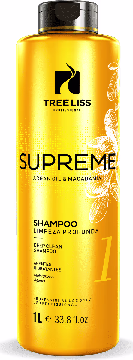 Shampoo de Limpeza Profunda da marca TreeLiss, chamado Supreme. Embalagem amarela com detalhes em preto. Rótulo indica que contém óleo de argan e macadâmia. Tamanho de 1L.