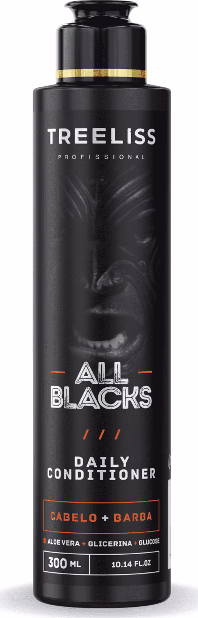 Condicionador diário All Blacks da marca TreeLiss Profissional. Embalagem preta com detalhes dourados, formato cilíndrico. Rótulo com o nome do produto "All Blacks" em letras grandes e brancas.