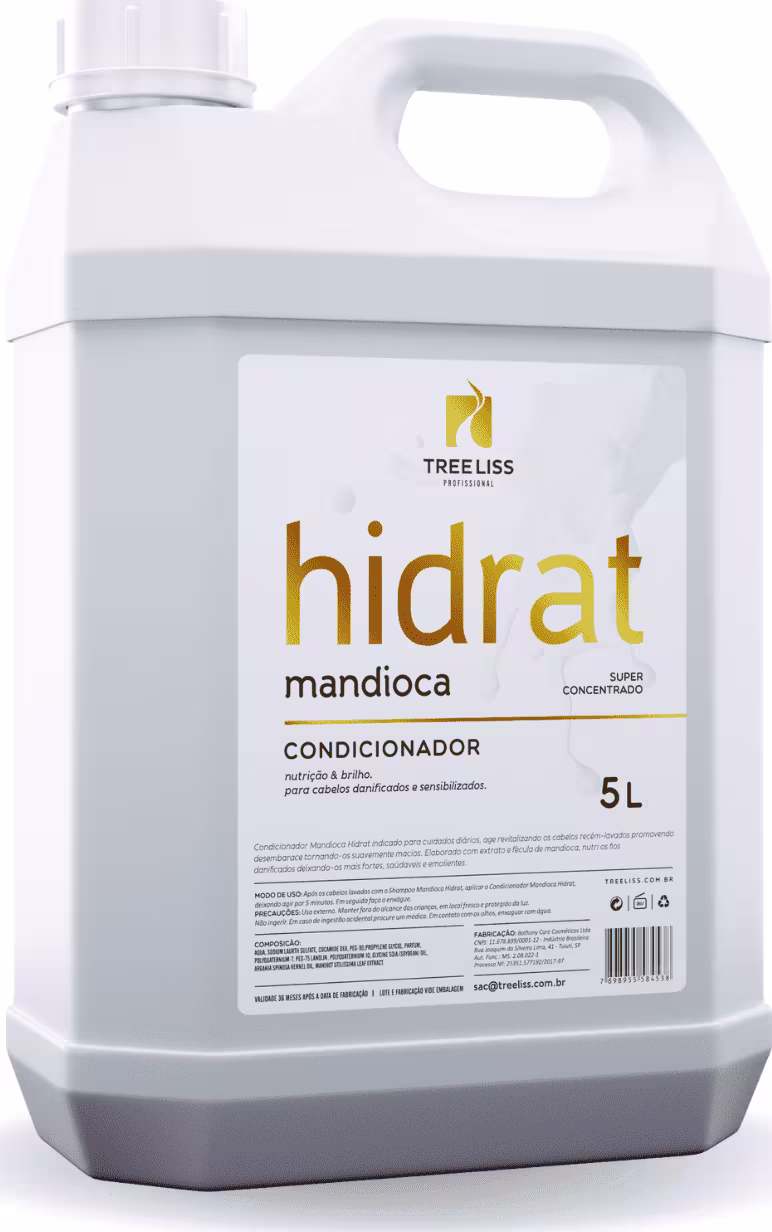 Condicionador Hidrat Mandioca da linha TreeLiss Profissional. Embalagem de 5 litros com alça integrada. Rótulo frontal com o nome do produto em letras douradas sobre fundo branco. Logotipo da marca TreeLiss no canto superior esquerdo.