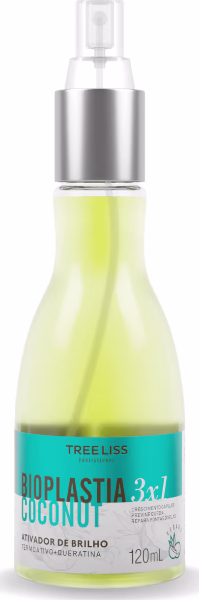 Produto de tratamento capilar Bioplastia 3x1 Coconut da marca TreeLiss. Frasco transparente com líquido amarelo claro. Rótulo azul na parte inferior com o nome do produto e informações em português, como "Ativador de Brilho" e "120ml".