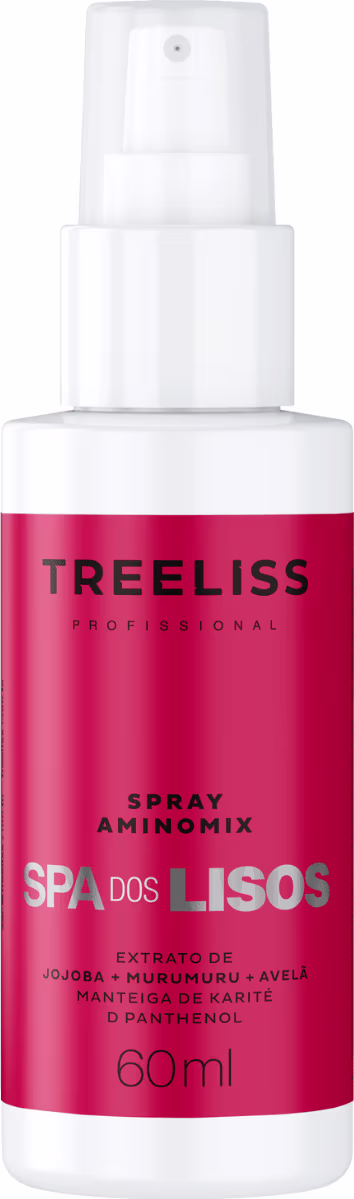 Produto de tratamento capilar da marca TreeLiss Profissional de 60ml. Rótulo vermelho com o nome "TreeLiss" e "Spray Aminomix Spa dos Lisos". Descrição do produto em português: "Extrato de jojoba, murumuru, avelã, manteiga de karité e d-pantenol"