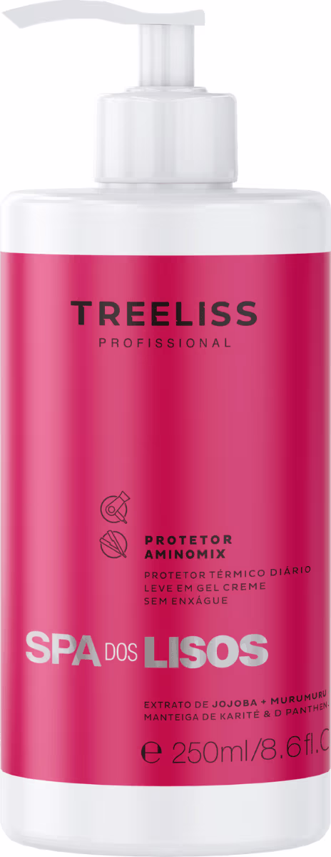 Produto de tratamento capilar TreeLiss Profissional SPA dos Lisos. Embalagem plástica com bomba dosadora branca. Rótulo frontal com o nome do produto "Protetor Aminomix" e a linha "SPA dos Lisos" em letras brancas e pretas.