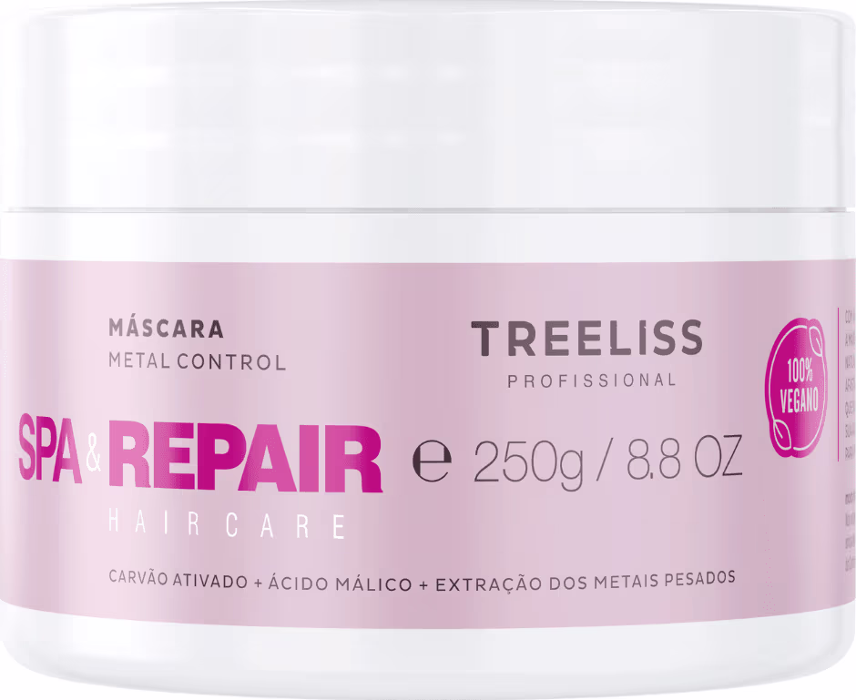 Máscara de tratamento capilar Spa Repair da linha Metal Control da marca TreeLiss Profissional. Rótulo rosa com texto descrevendo o produto como uma máscara de 250g para reparação capilar, contendo carvão ativado, ácido málico e extração de metais pesados