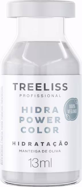 Produto de tratamento capilar TreeLiss Profissional Hidra Power Color. Rótulo branco com texto preto "Hidra Power Color" e "Hidratação Manteiga de Oliva". Capacidade de 13ml indicada no rótulo.