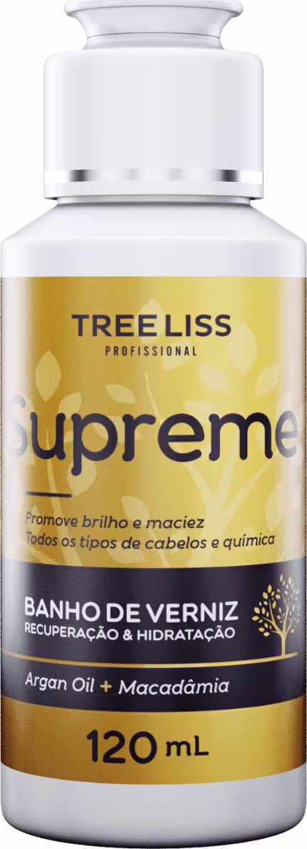 Produto de tratamento capilar Supreme da marca TreeLiss Profissional. Frasco plástico com tampa branca. Rótulo amarelo e preto com o nome "Supreme Banho de Verniz Recuperação & Hidratação" e informações sobre os ingredientes argan oil e macadâmia.