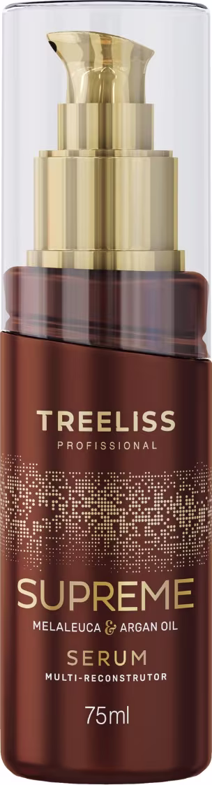 Produto de tratamento capilar Treliss Profissional Supreme Serum Multi-Reconstrutor. Embalagem de frasco âmbar com bomba dosadora dourada. Rótulo marrom com detalhes em dourado, indicando que contém melaleuca e óleo de argan.