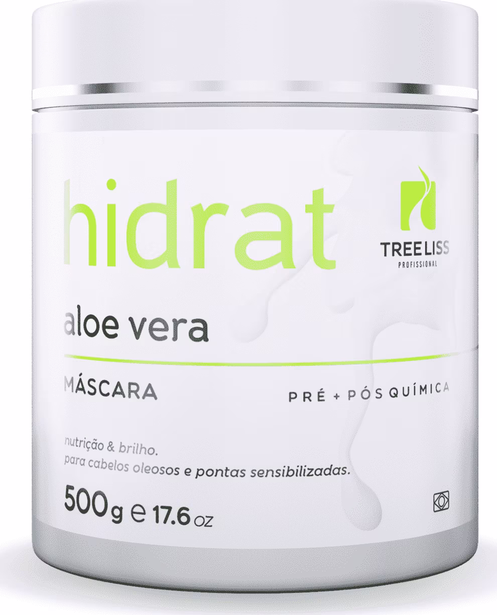 Produto de tratamento capilar da linha Hidrat da marca TreeLiss Profissional. Embalagem plástica branca opaca com tampa prateada. Rótulo com o nome "hidrat" em letras verdes e "aloe vera" abaixo.