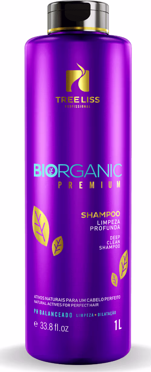 Shampoo profundo de limpeza da linha Bioorganic Premium da marca TreeLiss Profissional. Embalagem plástica cilíndrica de cor roxa intensa com detalhes dourados.