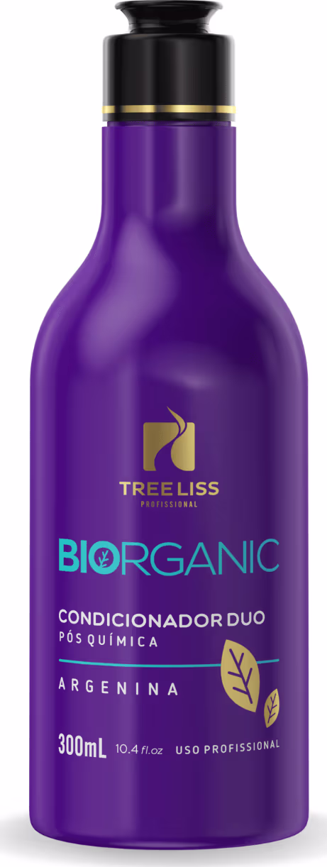 Condicionador duo pós-química Biorganic da marca TreeLiss Profissional. Embalagem em frasco plástico roxo escuro com tampa preta. Rótulo com o logotipo da marca, nome do produto "Biorganic Condicionador Duo Pós Química" e informações.