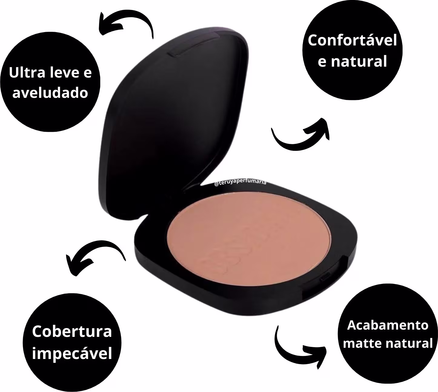 Embalagem do pó compacto. Conta com texto ao redor que indica que é um produto ultra leve e aveludado, confortável e natural, com cobertura impecável e acabamento matte natural.