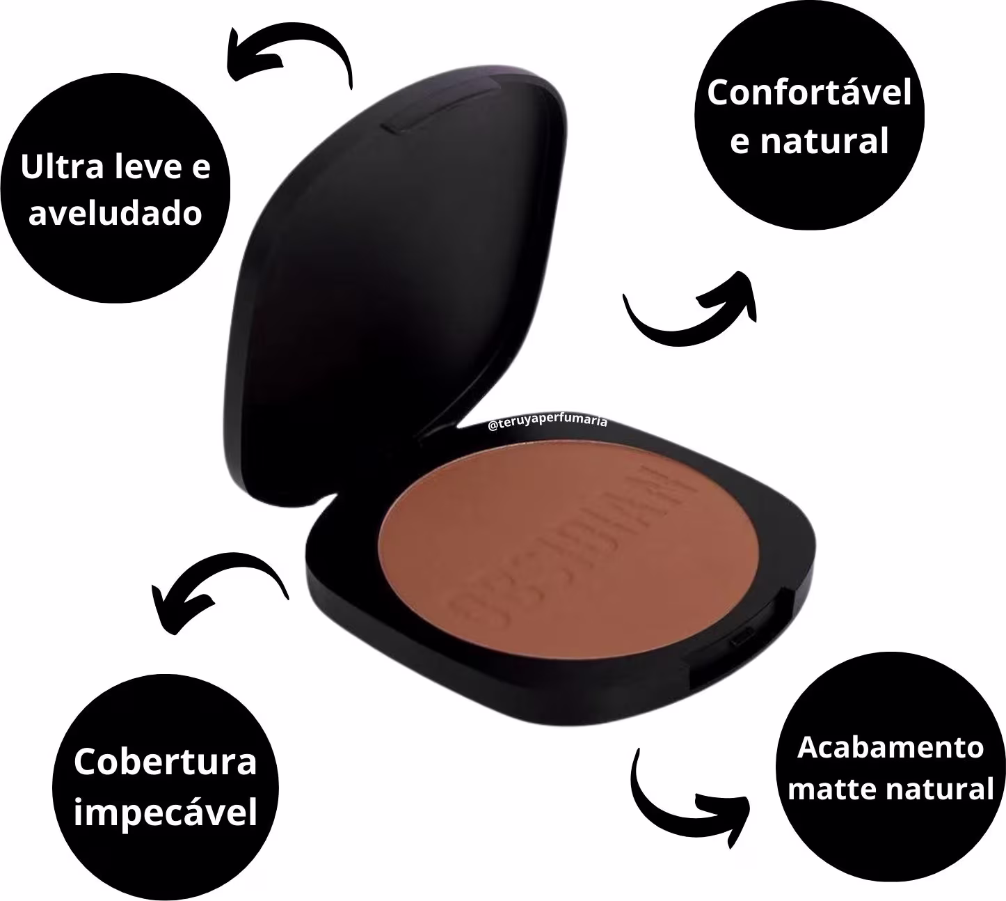 Embalagem do pó compacto. Conta com texto ao redor que indica que é um produto ultra leve e aveludado, confortável e natural, com cobertura impecável e acabamento matte natural.