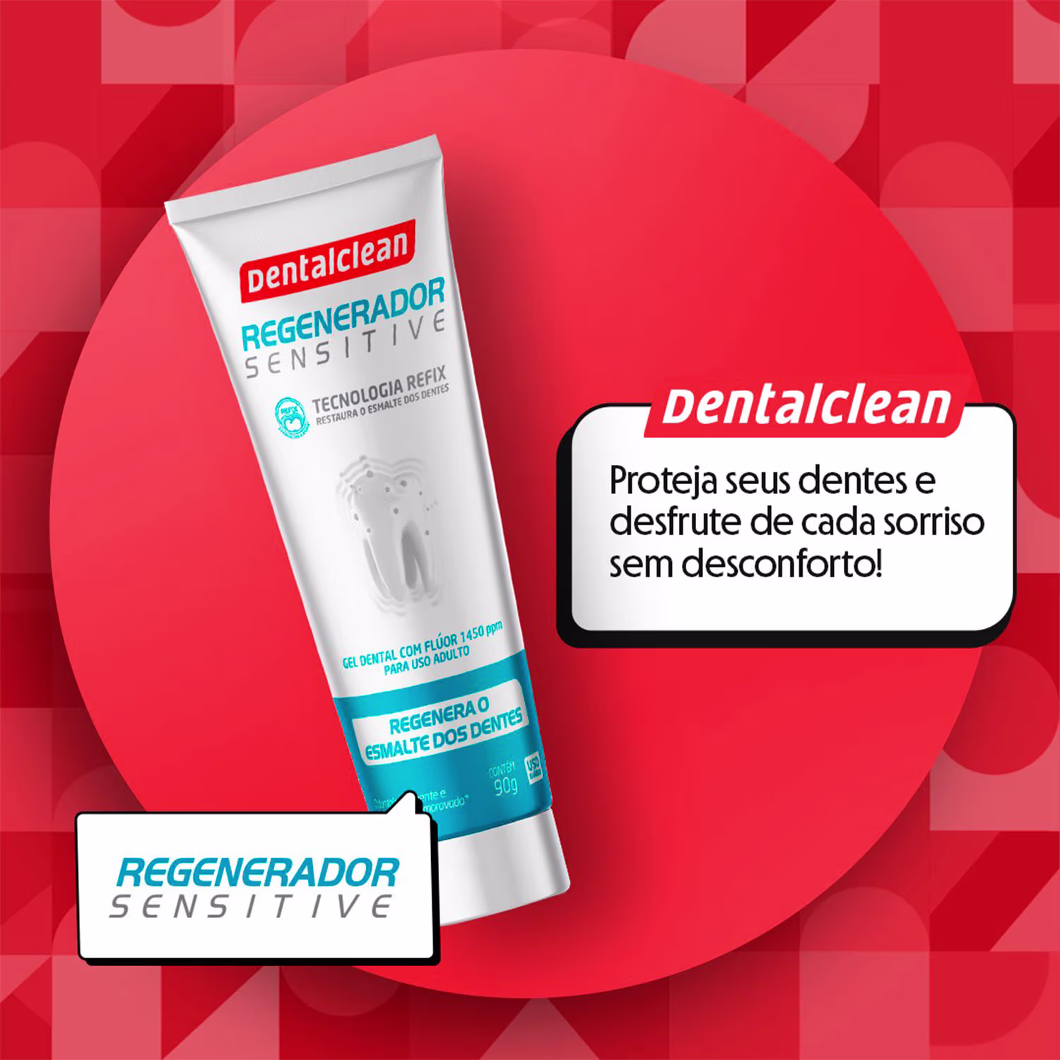 Imagem mostra a embalagem do creme dental. O nome do produto Regenerador Sensitive está destacado em um retângulo azul claro. Texto destaca: proteja seus dentes e desfrute de cada sorriso sem desconforto.