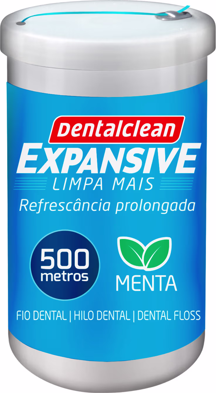 Imagem mostra a embalagem cilíndrica do fio dental.