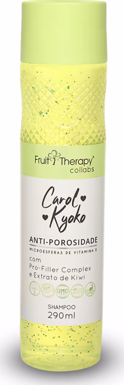 A imagem mostra uma embalagem de 290ml de shampoo antiporosidade com frasco amarelo-limão. A descrição informa que é um produto  composto por ingredientes naturais voltado para tratar e prevenir a porosidade capilar.