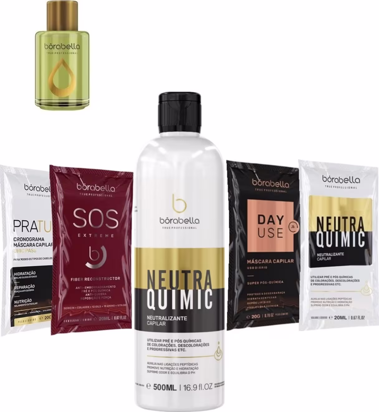 Kit com neutralizante capilar NeutraQuimic, reparador de pontas Argan e sachês, da marca Borabella.